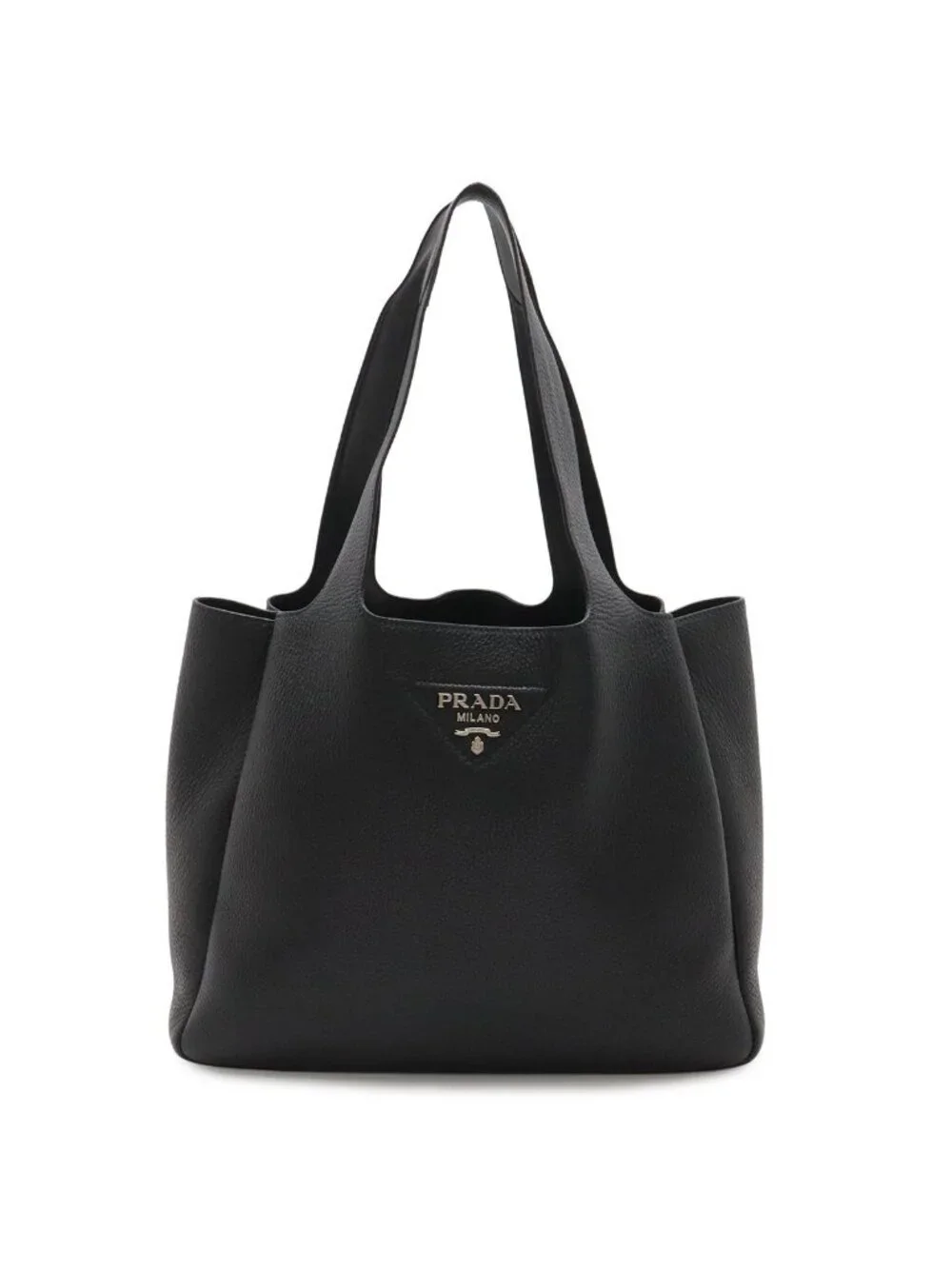 Prada Tote Shoulder Bag Vitello Daino Soft Leather Nero Black Silver Domestic